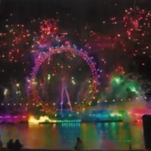 Fireworks in the Pride flag colours across a London skyline