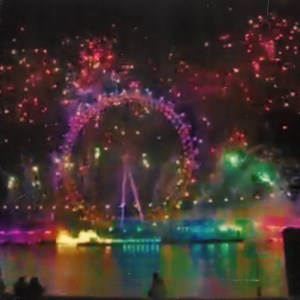 Fireworks in the Pride flag colours across a London skyline
